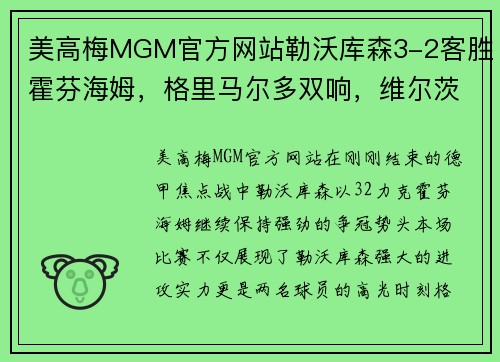 美高梅MGM官方网站勒沃库森3-2客胜霍芬海姆，格里马尔多双响，维尔茨再显英雄本色