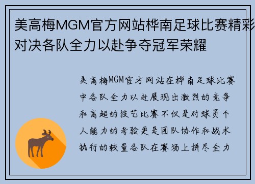美高梅MGM官方网站桦南足球比赛精彩对决各队全力以赴争夺冠军荣耀