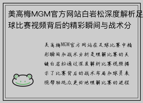 美高梅MGM官方网站白岩松深度解析足球比赛视频背后的精彩瞬间与战术分析